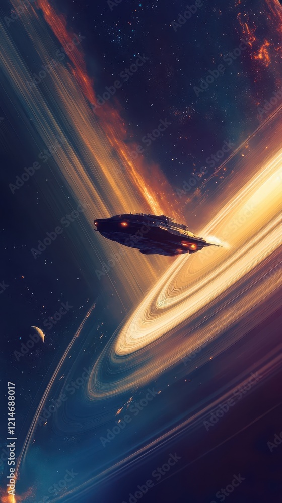 Poster spaceship navigating a celestial ring system in space