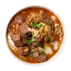 Northern Thai food, Spicy rice noodles soup with pork blood in bowl, Top view