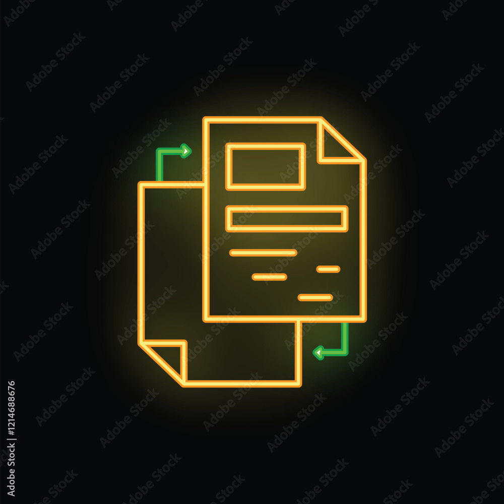 Poster neon glowing icon of two documents exchanging data flow on a black background