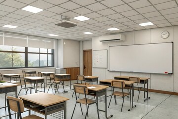 Empty classroom with a whiteboard on the wall instead of a chalkboard, bright colors, educational background