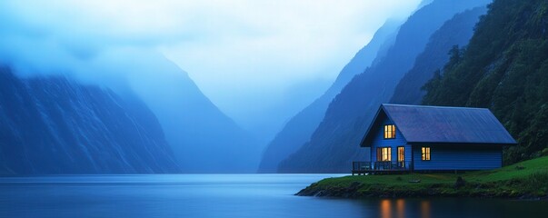 Fototapeta premium A serene scene featuring a blue cabin by a tranquil lake, surrounded by misty mountains at dusk, creating a peaceful and atmospheric ambiance.