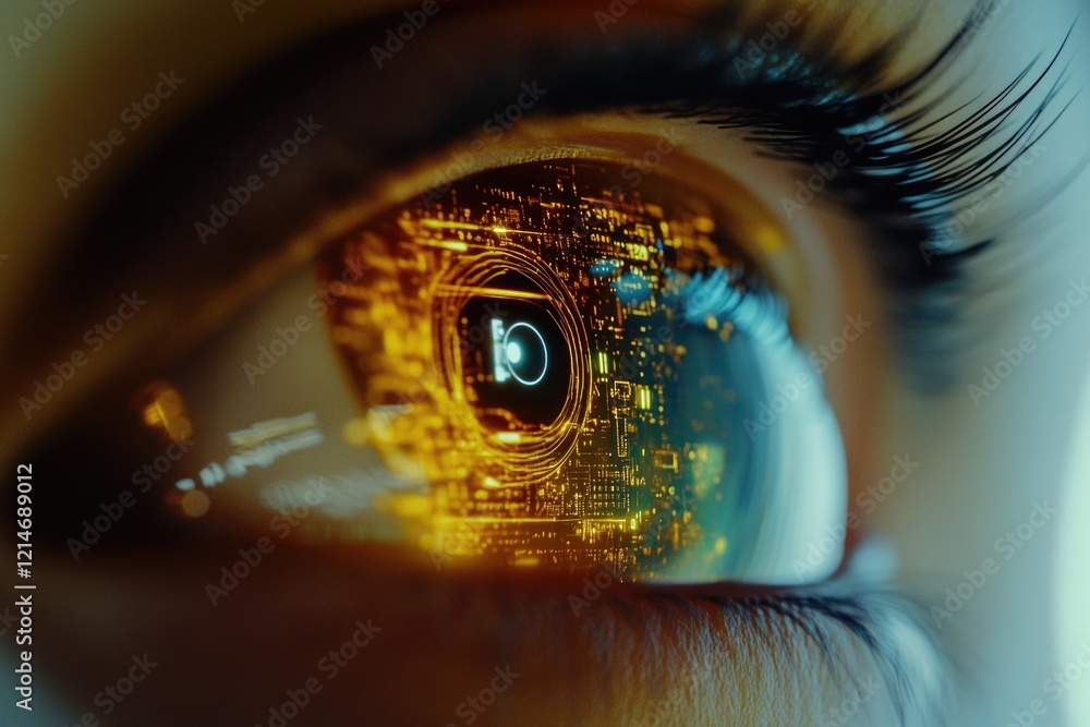 Poster a close-up shot of a person's eye with a unique feature - a circuit installed in the iris