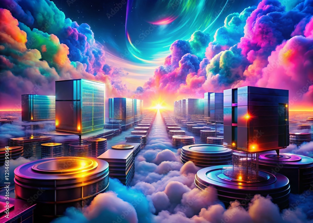 Poster surreal data storage: floating hard drives in a dreamlike cloudscape