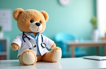 Teddy bear doctor with a stethoscope in a fuzzy setting.