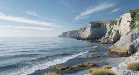 Seaside Cliffs and Calm Waters Landscape showcasing rocky coast and serene sea under clear skies.