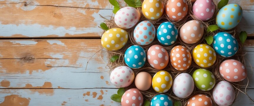 Colorful polka dot eggs arranged beautifully on a rustic wooden surface for spring festivities.