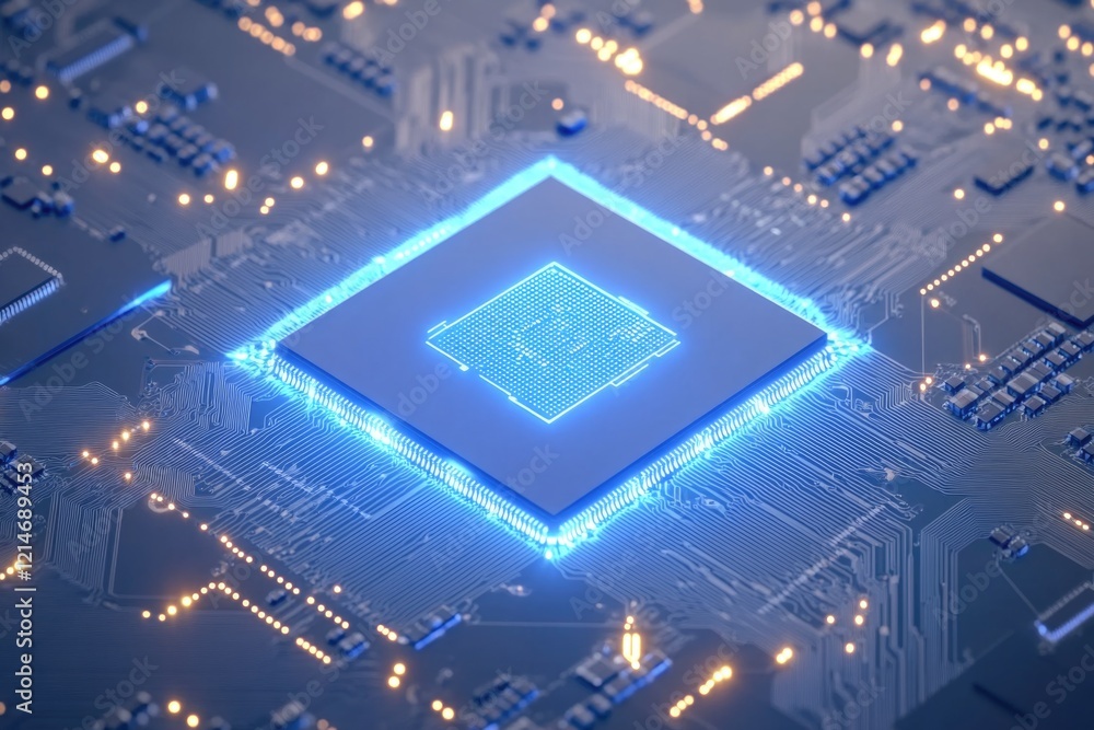 Poster close-up view of a microprocessor on a printed circuit board, great for tech-related concepts and pr