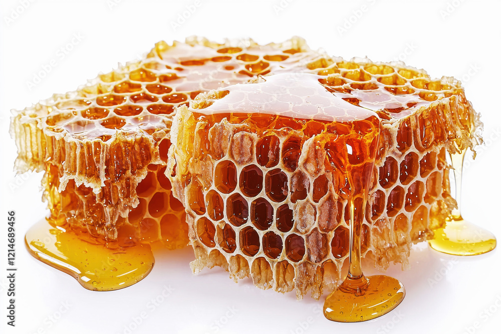 Poster honeycomb dripping with golden honey showcasing intricate hexagonal patterns and textured surfaces a