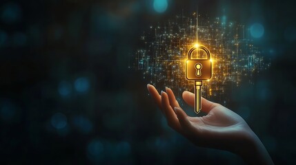 A hand holding a glowing key over a lock icon. Symbol of security, data protection, and solutions. 