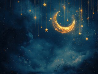 Dreamlike Crescent Moon and Stars in a Night Sky, Golden Hues and Dark Blue Clouds Create a Magical Atmosphere