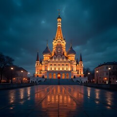 Fototapeta premium Enchanting Nighttime Capture of Urban Religious Monument