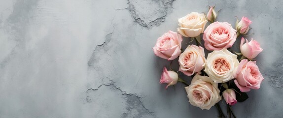 Fresh pink and cream roses arranged on a textured gray concrete background providing ample copy space on the left for elegant floral designs