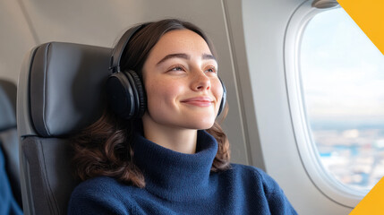 Canadian woman listening to music enjoying flight and business trip by commercial plane