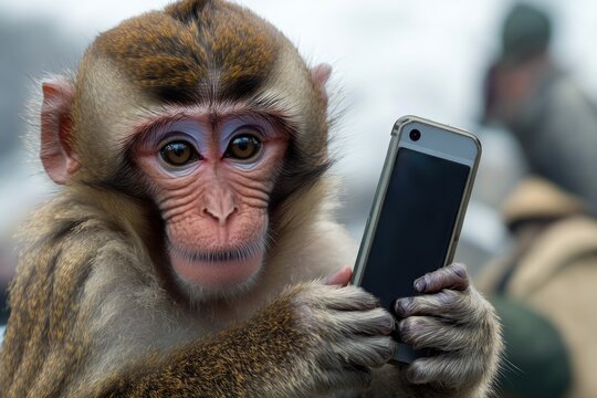 A monkey is holding a cell phone in a close-up shot