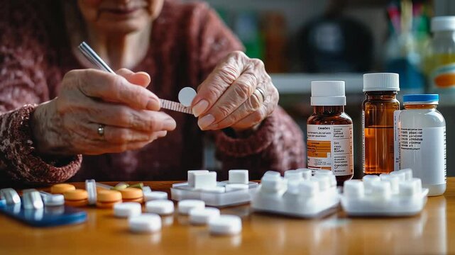 elderly woman using a pill splitter to divide medication tablets on a wooden table with bottles and blister packs. Healthcare and senior lifestyle concept. High quality 4k footage