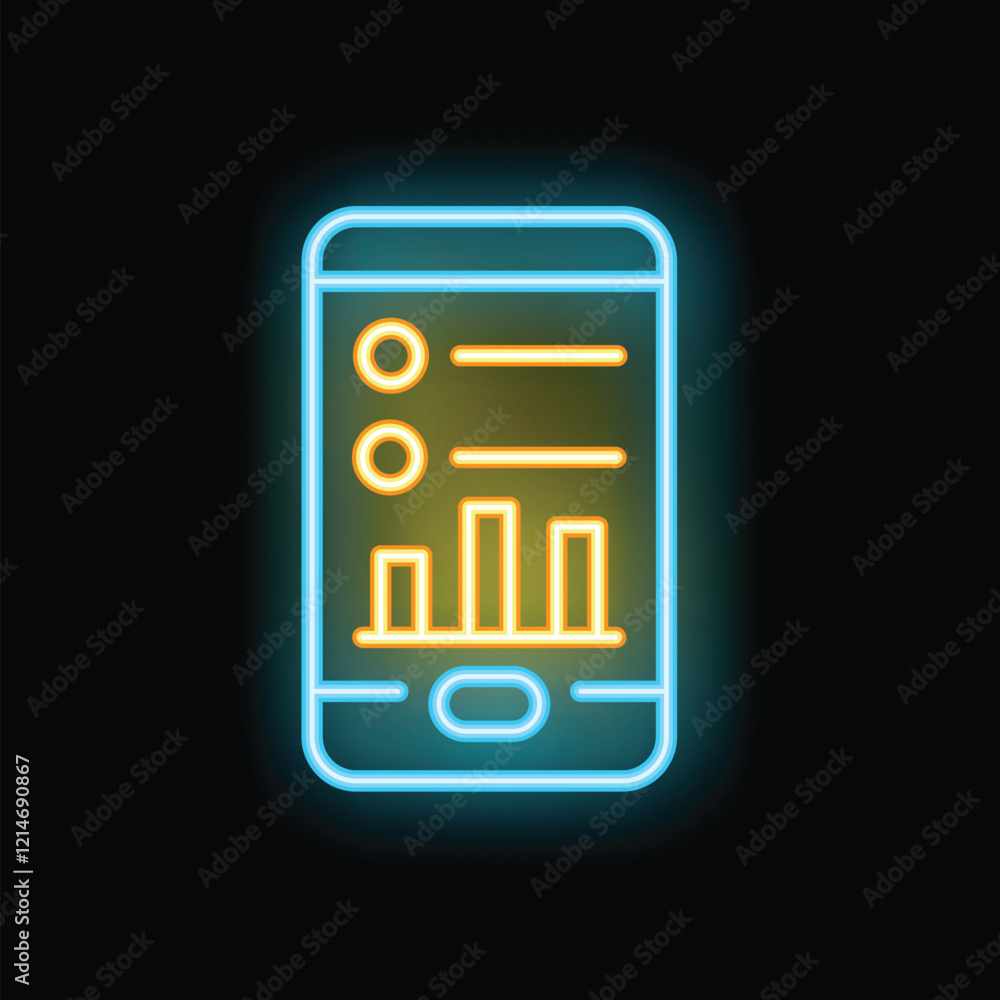 Poster neon glowing icon of a mobile phone showing analytics with a growing bar chart on screen