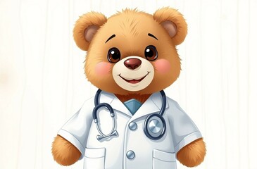 Teddy bear doctor with a stethoscope in a fuzzy setting.