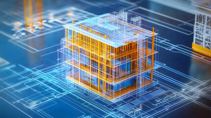 digital construction building information modeling bim concept with 3d model and blueprints vector illustration