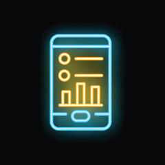 Neon glowing icon of a mobile phone showing analytics with a growing bar chart on screen