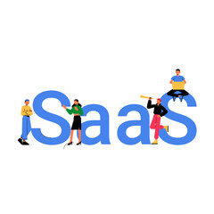 SaaS Concept With Diverse Characters In Flat Vector Illustration Symbolizing Software As A Service, Digital Innovation, And Technology, Isolated On White Background.