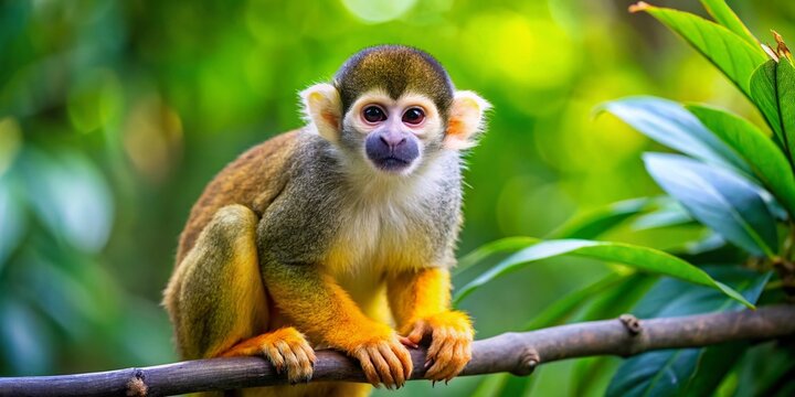 Adorable Central American Squirrel Monkey, Saimiri oerstedii, Smallest Costa Rican Monkey Species - Wildlife Stock Photo