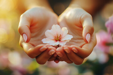 Elegant woman&rsquo;s hands holding a delicate flower amidst a blurred floral background in soft natural light