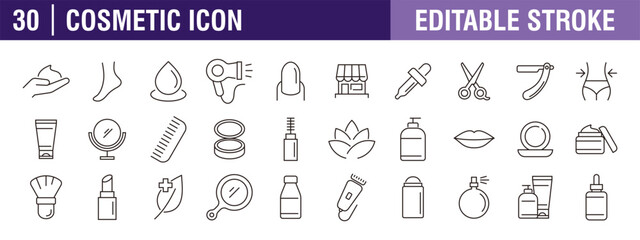 Collection of cosmetic icons. Cream, skincare, serum, acid, beauty, product. Vector design template, signs, symbols, editable stroke.
