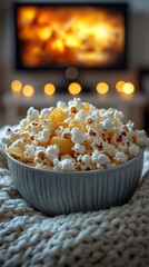 A cozy setting with a popcorn bowl on a knitted blanket, ideal for movie nights with ambient lighting.