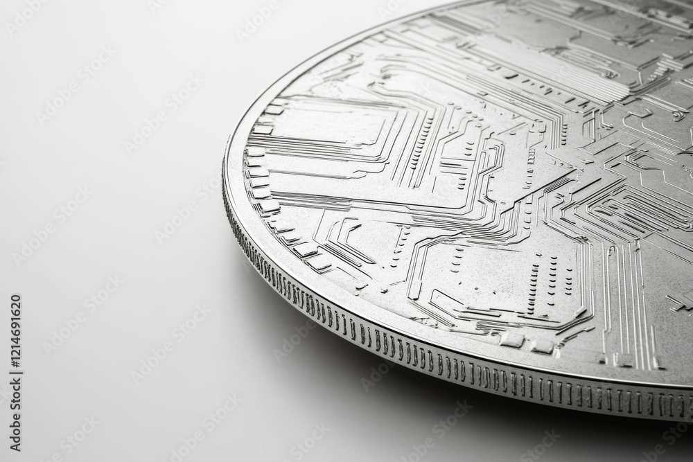 Poster close-up of a bitcoin coin featuring intricate blockchain patterns set against a minimalist white ba