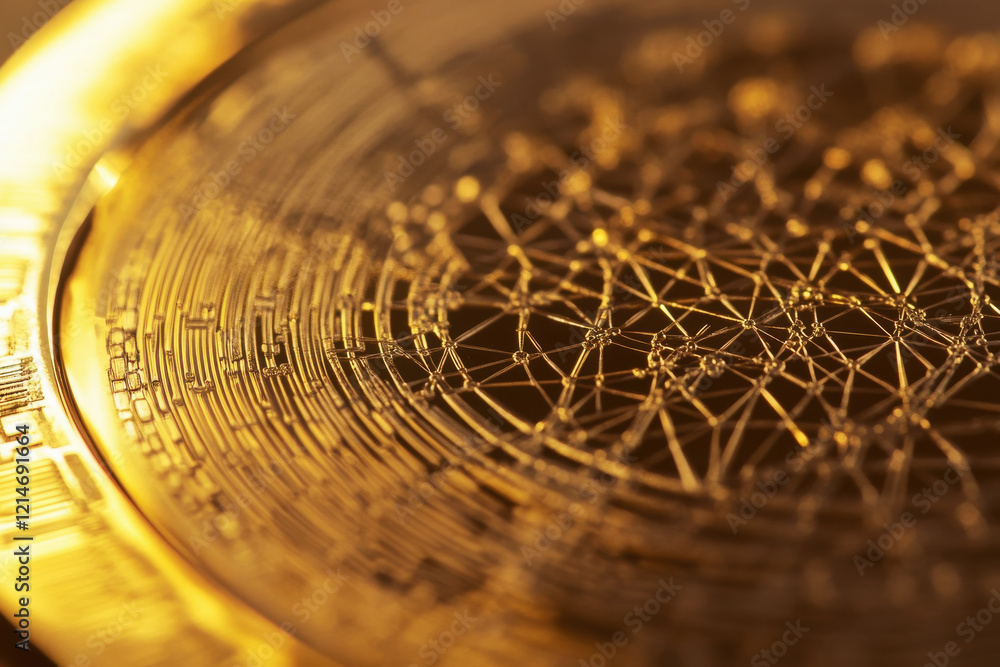Aufkleber close-up view of a bitcoin coin showcasing its intricate design and light reflections on its golden 