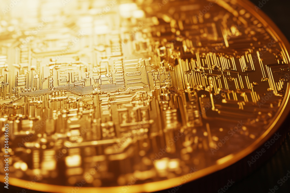 Poster close-up view of bitcoin coin showcasing detailed network design with reflected light