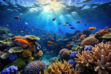 Fototapeta premium Dark blue waters with a coral reef in the foreground and schools of fish swimming around it, ocean scenery, coral formation, aquatic creatures, coral reef