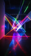 Dynamic lasers form vivid geometric patterns in a dark gallery space, creating an immersive and colorful light art experience.