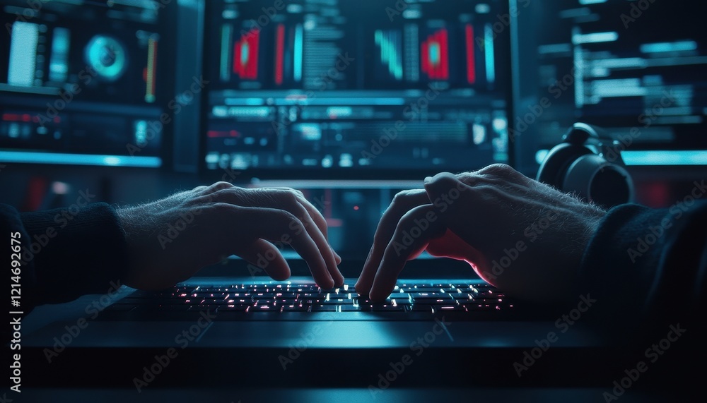 Poster Cybersecurity expert working late at night, hands typing on illuminated keyboard in front of multiple computer screens displaying complex data and codes.  A dark, mysterious, and technological scene c