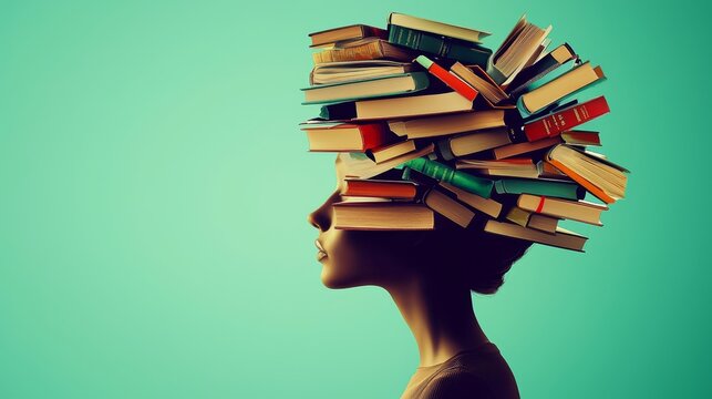 A visual representation of the human mind interwoven with books.