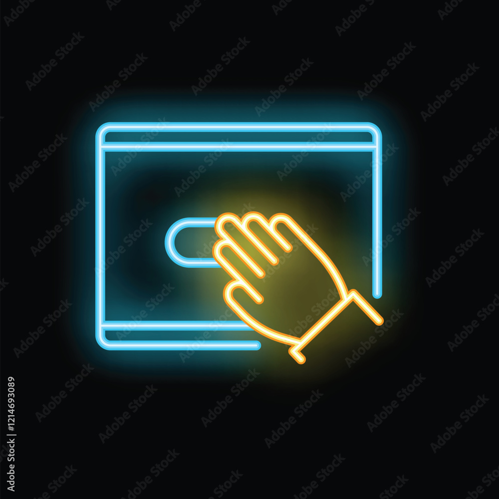 Poster neon sign of a hand pressing a button on a website interface, symbolizing online interaction