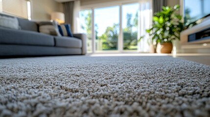 Obraz na płótnie Canvas In a bright and inviting living room, a deep cleaning process is underway. Steam cleaning carpets is a healthy choice for reducing allergens while enhancing comfort and cleanliness in the home