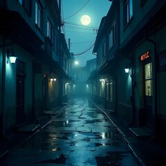Fototapeta premium Mysterious Moonlit Alleyway with Futuristic Tech Elements