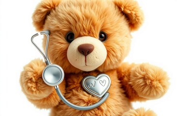Teddy bear doctor with a stethoscope in a fuzzy setting.