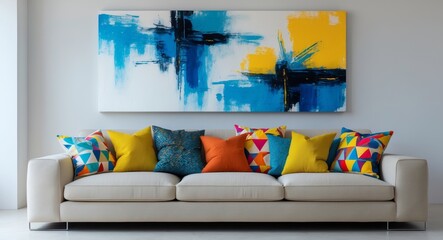 Modern living room with a stylish sofa adorned with colorful pillows and abstract art.