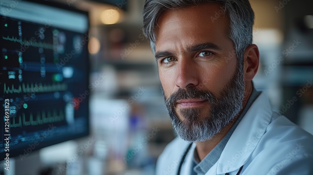Aufkleber a professional in a lab coat analyzing information on his computer, possibly working on a research p
