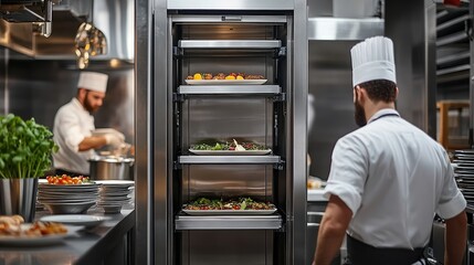  Industrial dumbwaiter in a restaurant kitchen with open shelves holding plated meals, set in a bustling environment with chefs actively preparing dishes for dining area delivery.