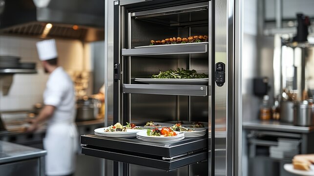  Food elevator with plated meals ready for service in modern restaurant kitchen. Stainless steel design, visible chef in background, efficient organization, warm lighting.
