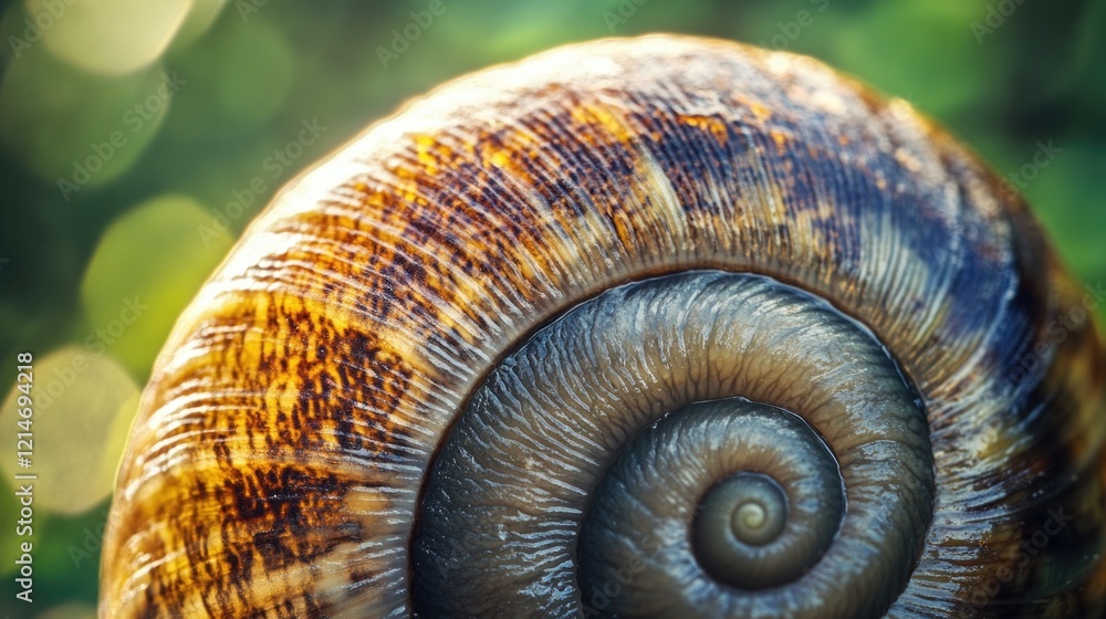 Poster close-up shot of a snail's shell with a blurred background