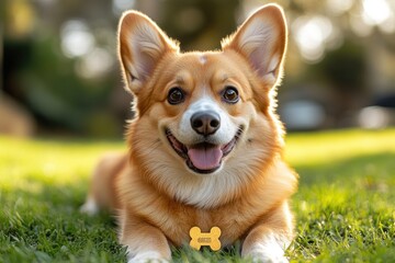 A brown and white dog lying down on a beautiful green grassy area