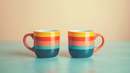Two colorful striped mugs on a flat surface