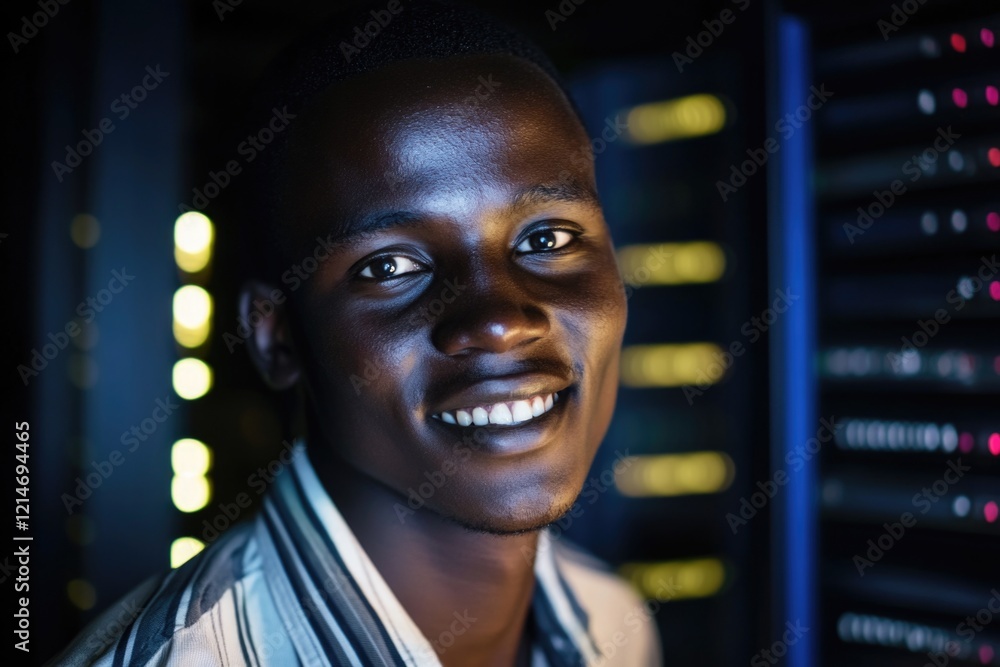 Poster a person smiling and interacting with a computer server