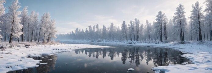 Fototapeta premium Frosty winter landscape with snow-covered trees and a frozen lake, frosty landscape, wintry scene, snowy woods