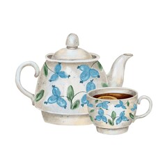 Teapot, cup of tea with lemon composition on white. Watercolor illustration for packaging, kitchen textiles, napkins, labels, holiday Maslenitsa, Russian tradition