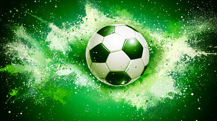 Fototapeta premium A foodball on a green background with paint splashes, banner for a football match or competition.